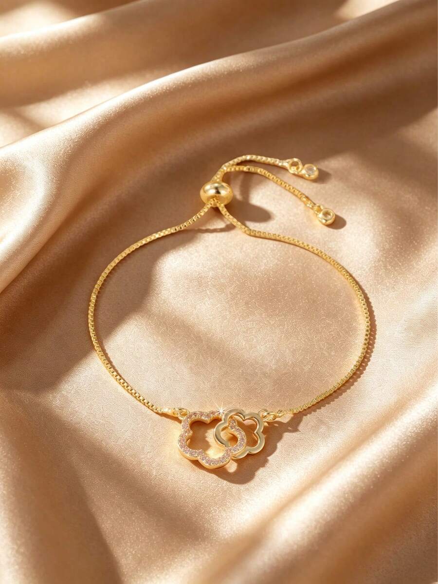 GEREIT 1pc 14k Gold Plated Copper Zirconia Flower Adjustable Pull Bracelet - Flowers - View 1