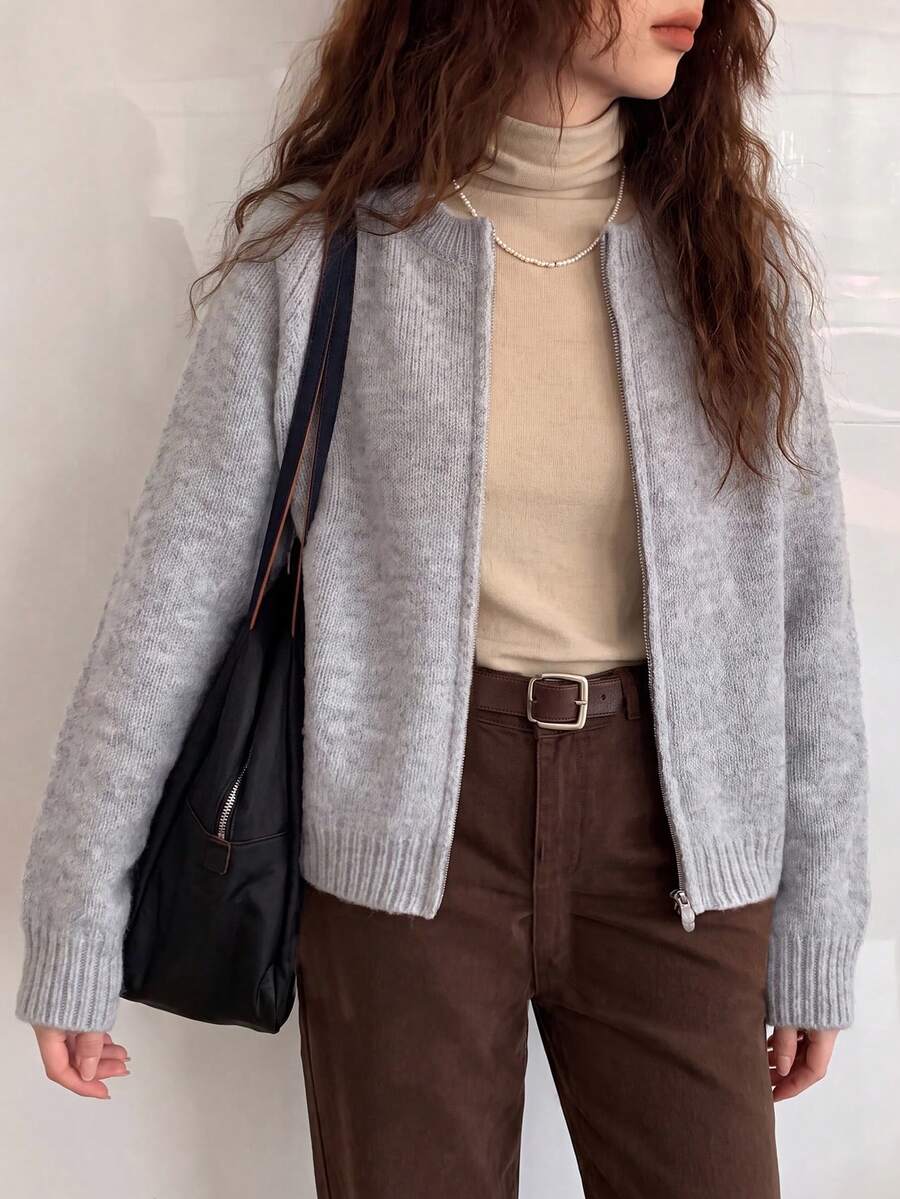 Jaket Kardigan Sweater Leher Bulat Gaya Minimalis Kasual Wanita dengan Resleting Ganda, Musim Gugur/Musim Dingin - abu-biru - View 1