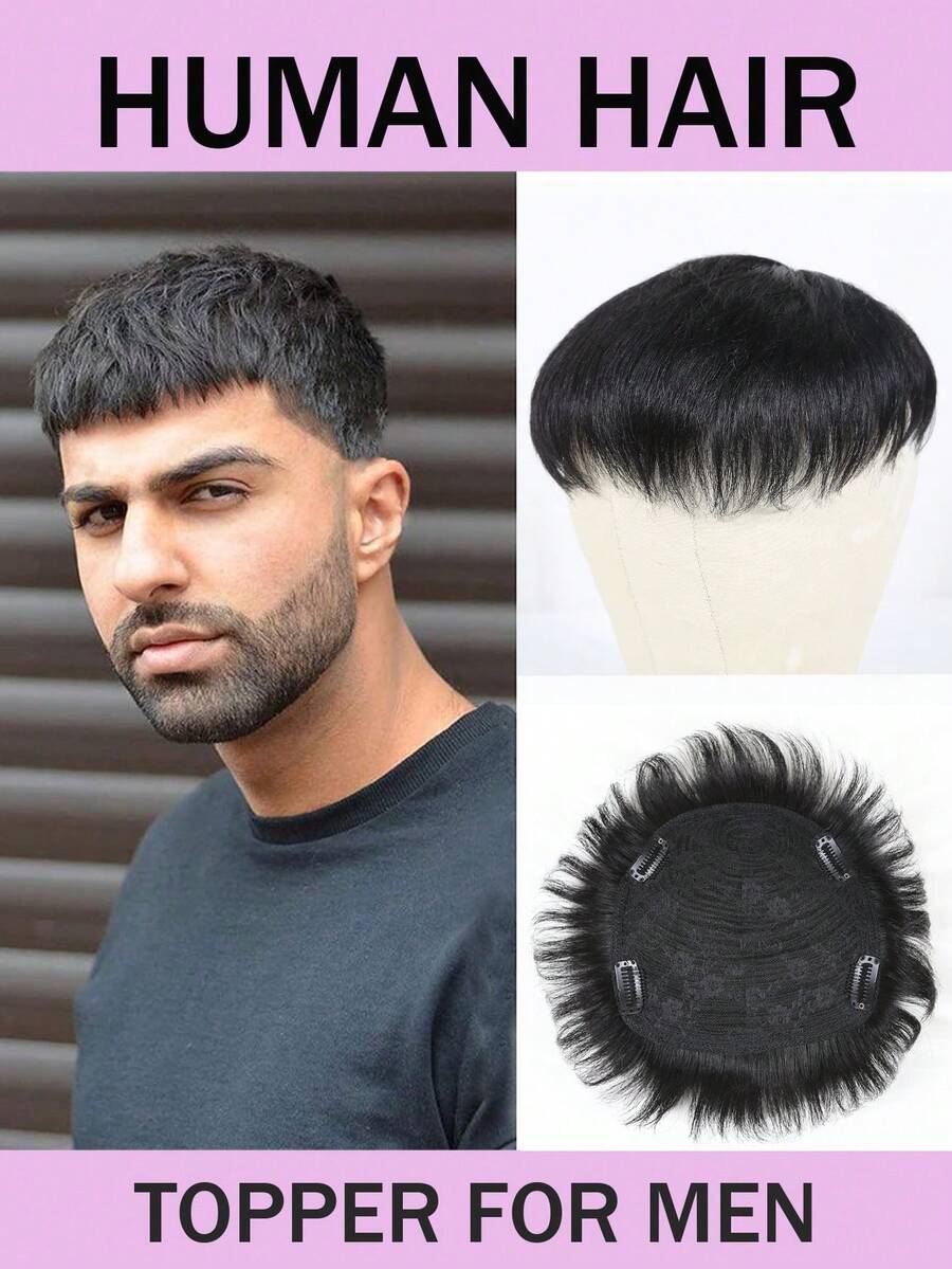 16x18cm Men's Short Clip-On Hair Piece, Real Human Hair, Covers Gray Hair, Natural Woven Design - Natural Black - View 1