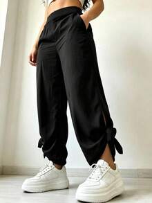 Women's Loose Wide Leg Pants With Side Slit And Cuffed Hem, 9/10 Length, Slimming And Height-Enhancing Black Casual Versatile Long Pants, Autumn/Winter Fashion Design - Black - View 3