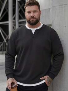 Plus Size Men's Henley Collar 2 In 1 Sweatshirt, Double Layer Hem Patchwork Loose Fit Casual Long Sleeve Pullover Top - Black - View 3