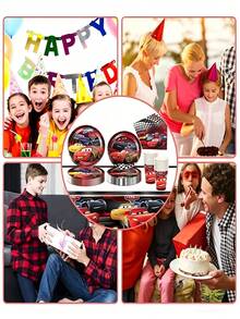 Red Racing Car Cartoon Theme Disposable Party Tableware Set, Birthday Paper Plates, Cups, Napkins, Straws, Full Set Party Decoration Supplies - Multicolor - View 2