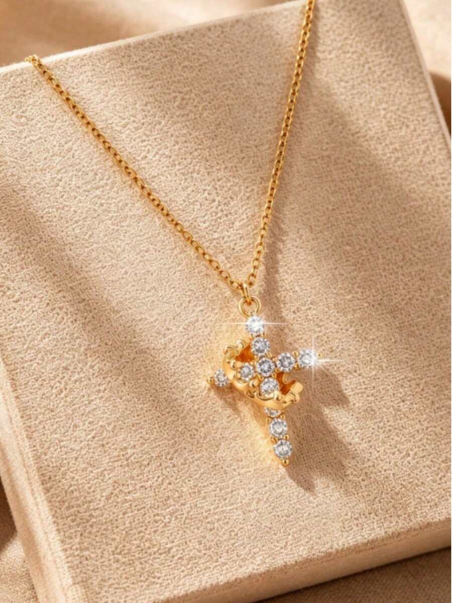 1件奢華細鏈項鍊，皇冠設計搭配十字鋯石吊墜，修飾頸部裝飾 - Necklace - 查看 1