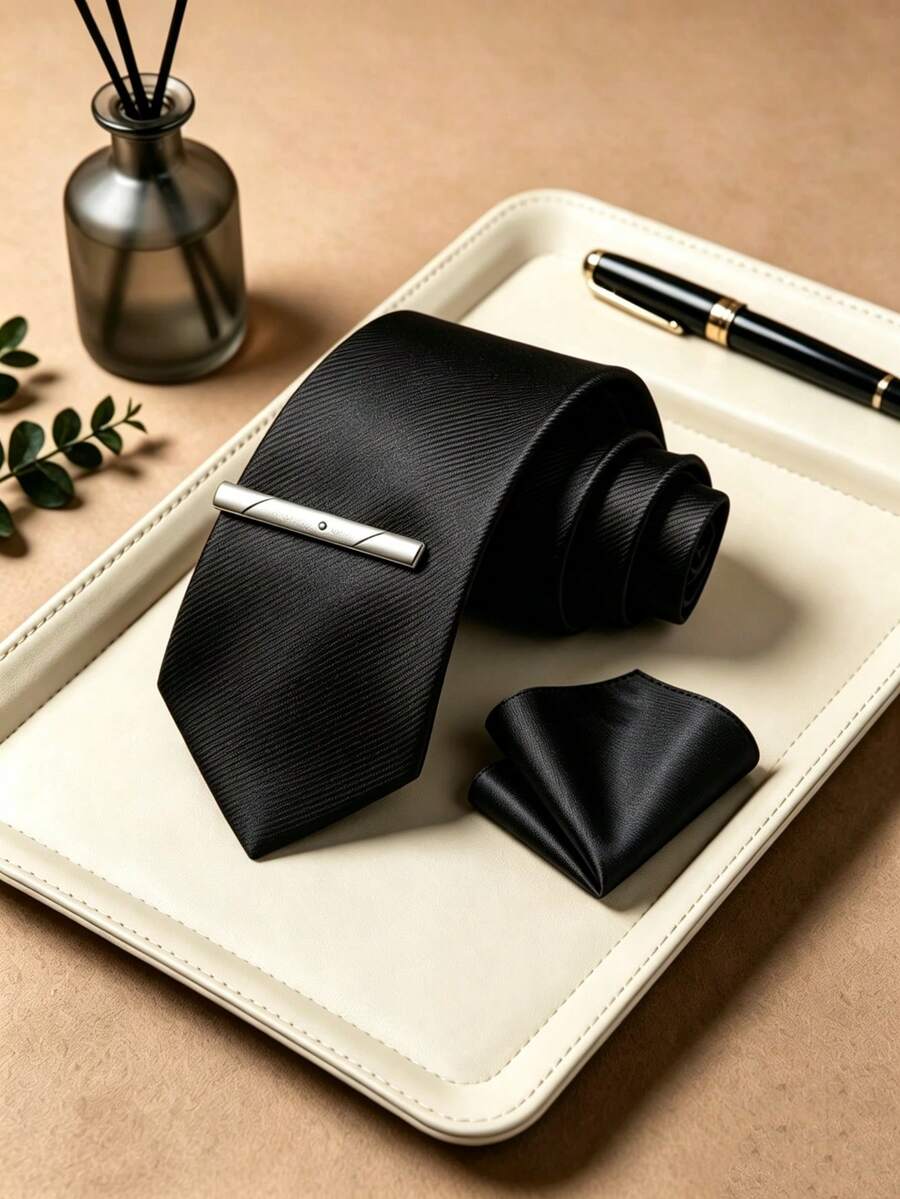 Navy Twill Textured Men's Three Pieces Tie Set, Premium 2400D High Density Necktie Matching Pocket Square Silver Tie Clip For Business Wedding - Black - View 1