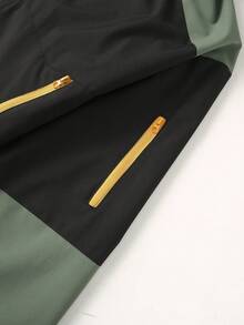 Men's Army Green Patchwork Jacket, Hooded Casual Outerwear, Mountain Style Top - Black - View 4