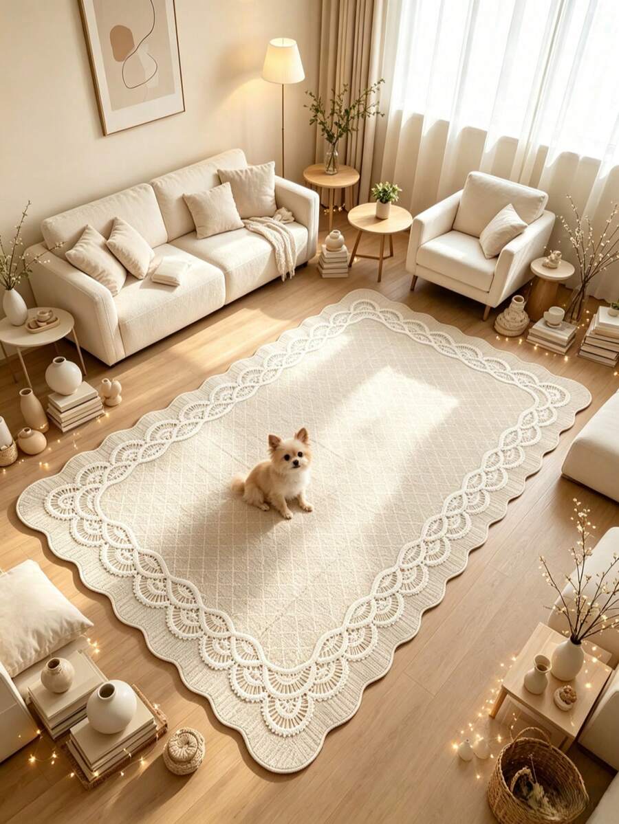 1pc Lace Trim Asymmetrical Area Rug, Living Room Carpet, Rug, Area Rug, Large Rug, Floor Mat, Living Room Large Carpet - Multicolor - View 1