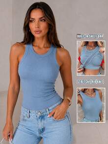 ChicMe Women's Built-In Padded Ribbed Tank Top, Round Neck, Sleeveless, Slim Fit, Casual Basic T-Shirt, Suitable For Work, Gatherings, Daily Street Wear - Dusty Blue - View 5