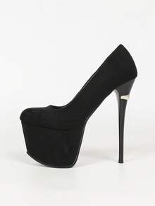 Black Suede Round Toe Ultra High Heel Women's Shoes, High Heel Platform Slip-On Stiletto Thin Heel Low Vamp Elegant Runway Women's Shoes - Black - View 6