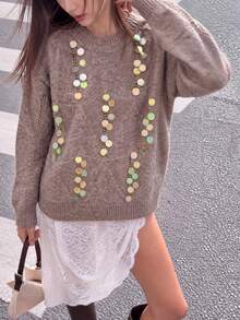 Women's Plush V-Neck Sequin Sweater Long Sleeve Comfortable Holiday Party Pullover Fall - Camel - View 3