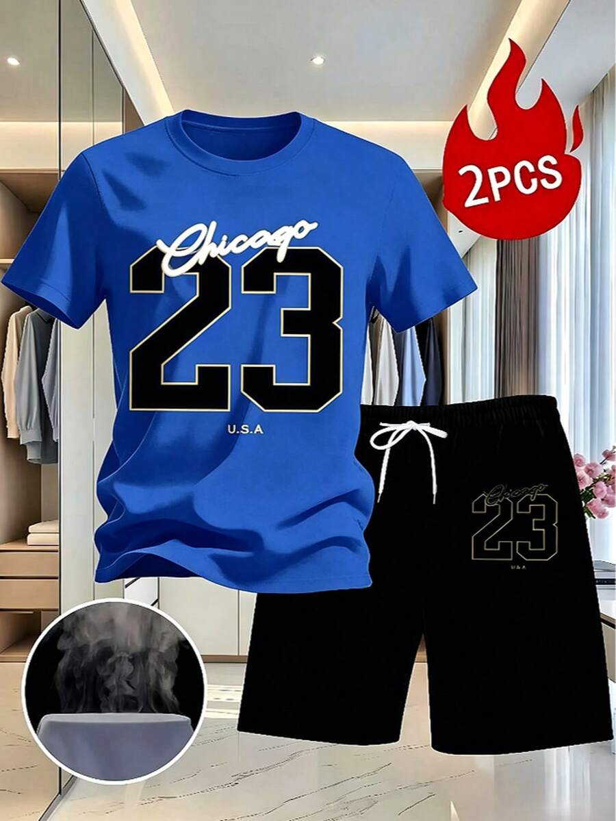 Mens Clothes Set Of 2pcs Including A White T-Shirt Featuring A Black And Golden '23' Print,Shorts That Have Golden '23' Accents And A White Drawstring - 藍色 - 查看 1