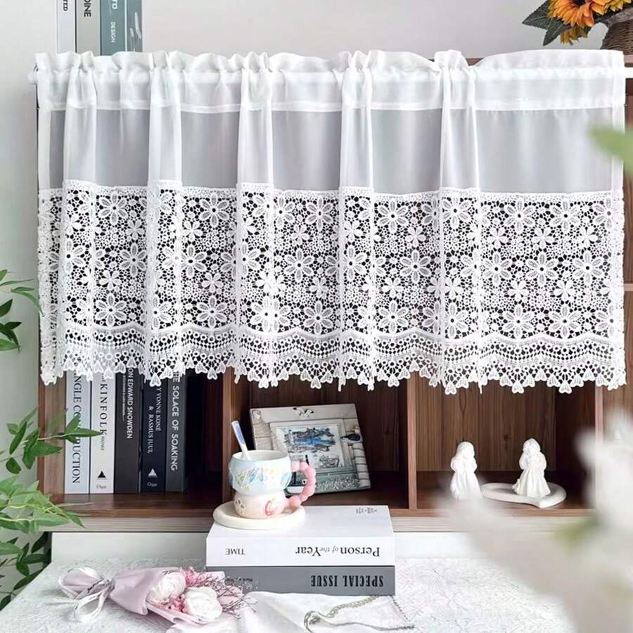 1PC New White Hollow Flower Lace Patchwork Curtain Header, Rod Pocket Window Valance, Pastoral Style Cabinet Shelf Cover Curtain, Kitchen Small Window Decorative Short Half Curtain, Fabric Weight 180g/㎡ - 1PC - View 1