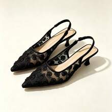 Sepatu hak tinggi model slingback ujung runcing hitam terbaru untuk wanita, dengan hak kitten jala dan tali pergelangan kaki, Musim Semi/Musim Gugur. - Hitam - View 4