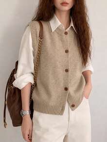 Women's Autumn Casual Minimalist Versatile Knitted Cardigan Vest Fall - Khaki - View 4