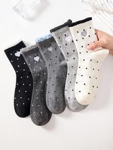 5 Pairs Women's New Floral Mid-Calf Socks, Vintage Tulip Design, Loose Cuff Non-Constricting, Cute Floral Lace Socks, Suitable For All Seasons, Random Colors - Multicolor - View 5