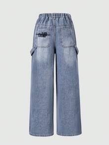 Teen Boy Summer Pocket Letter Embroidery Wide Leg Denim Jeans Fashion New Style - Blue - View 4