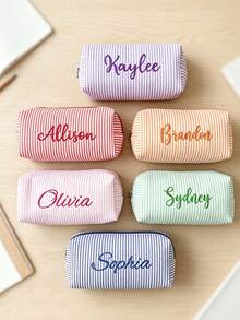 Custom Embroidered Name Striped Canvas Makeup Bag, Personalized Letter Zipper Storage Pouch, Bridesmaid Invitation Gift Cosmetic Organizer Pencil Case, Custom Text Portable Travel Toiletry Bag, Wedding Bachelorette Party Favor - Multicolor - View 4
