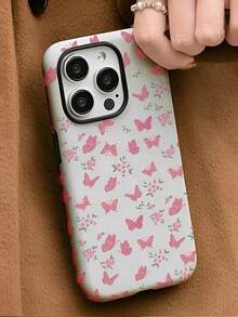 Pink Butterflies And Small Floral Patterns Two-In-One Matte Texture Phone Case Suitable For Compatible With Iphone16, 15, 14, 13, 12, 11, PRO - White - View 1