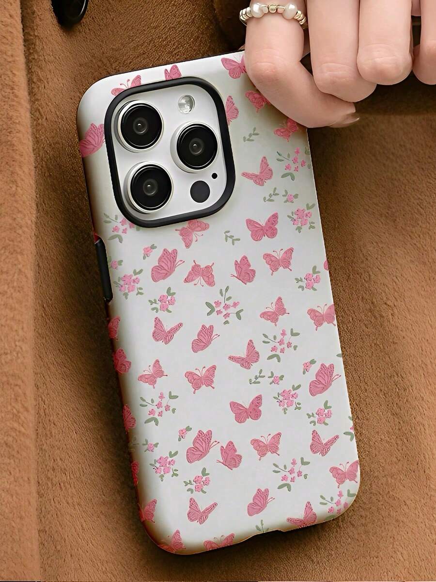 Pink Butterflies And Small Floral Patterns Two-In-One Matte Texture Phone Case Suitable For Compatible With Iphone16, 15, 14, 13, 12, 11, PRO - White - View 1