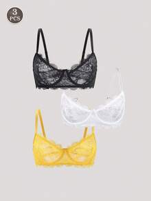 3pcs Women's Multicolored Fashion Eyelash Lace Unlined Underwire Bras Set - Multicolor - View 3