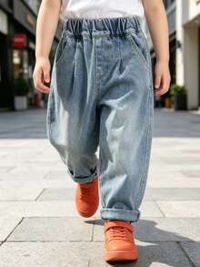 Young Boy Casual Fashion Street Style Daily Commute Versatile Elastic Waist Letter Print Washed Tapered Leg Jeans - Baby Blue - View 2