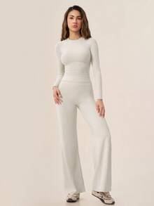 TimeOff Women's One Set Solid Color Round Neck Fitted Long Sleeve Top And High Waist Butt-Lifting Flared Pants - Apricot - View 5