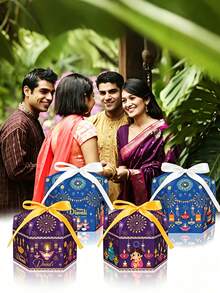 12/8pcs Diwali Party Oil Lamp, Fireworks Pattern Gift Boxes, Blue And Purple Hexagonal Gift Boxes With Yellow And White Dual-Color Ribbons, Diwali Party Decoration Boxes, Theme Party DIY Gift Boxes, Suitable For Diwali Celebration Decoration, Party Decoration, Birthday Party And Various Celebration Activities. - View 5