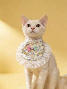 Cute Lace Trim Bow Pet Collar Bib, Detachable, Floral Plaid Cartoon Print, Exquisite Lace Decoration With Bell, Suitable For Kittens, Indoor Cats, Small Dogs, Highly Attractive Pet Decorative Accessory - Multicolor - View 6