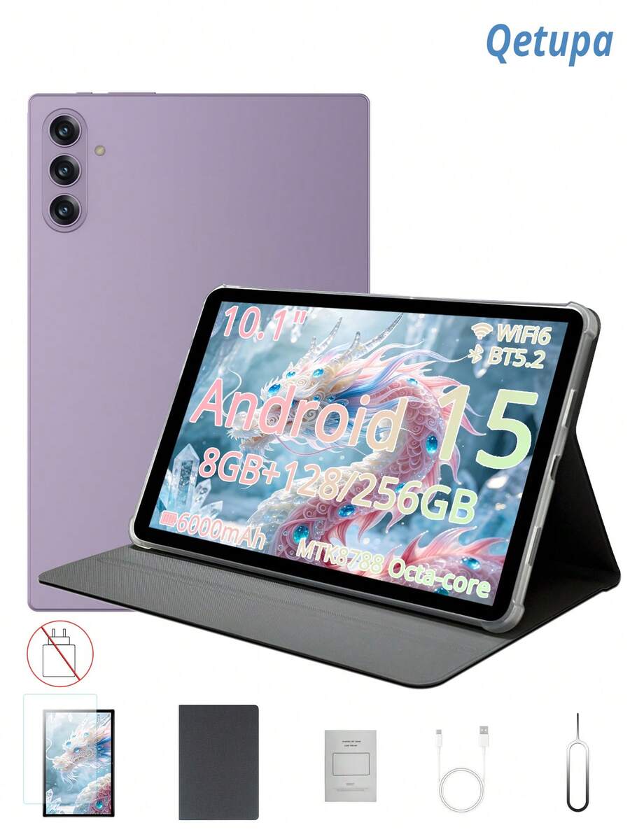 Qetupa 10.1 Inch Android 15 Tablet, Equipped With Protective Case And Screen Protector, 8GB RAM + 128GB/256GB ROM, MTK8788 Processor, 1280x800 Touchscreen, 5MP Front Camera And 13MP Rear Camera, 6000mAh Battery, No SIM Card Support (Adapter Not Included) - Purple - View 1