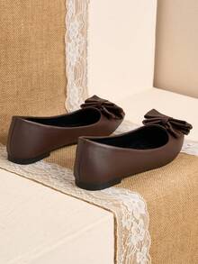 Pointed Toe Low Vamp Bow Flat Shoes, Delicate Satin Texture Soft High-End Feel, Versatile Shoes. - Brown - View 6