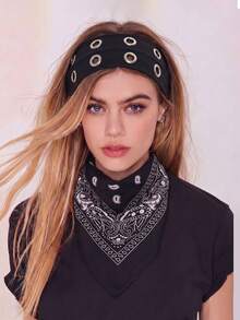 1pc Punk Style Black Faux Leather Metal Hollow Headband, Fashionable Versatile, Autumn/Winter Style, Hair Accessory - Black - View 4