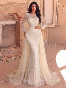 Faeriesty Long Sleeve Evening Gown, Decorated With Intricate Pearl Embroidery And Geometric Sequin Patterns, Multi-Layered Tulle Skirt Fall Wedding Party - Champagne - View 4