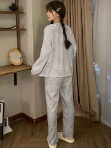 2pcs/Set Women's Pajamas Homewear Set, Fashionable Cute Rabbit Print Open Front Long Sleeve Long Pants, Suitable For All Seasons - Mauve Purple - View 2