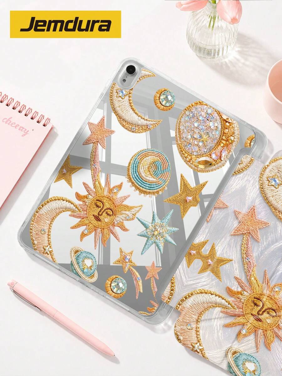 Jemdura, Compatible With IPad, Vintage Starry Sky Theme Moon & Universe Pattern Acrylic Tablet Protective Case, 10.2 /10.5 Inch, 10th/11th Gen (A16), Mini 6/7 8.3 Inch, Air 5/6/7 10.9 Inch/11 (M2/M3), With Pencil Slot Storage, Y-Fold Flip Cover Protective Case, Multi-Angle Folding, Supports Sleep/Wake Function - Multicolor - View 1