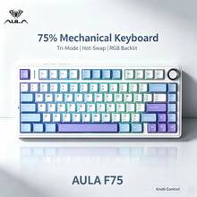 AULA Keyboard Gaming F75 81 Tombol, Tata Letak Kompak 75%, Konektivitas 3 Mode (USB-C / Bluetooth 5.0 / 2.4G), Peredam Kebisingan 5 Lapisan, Struktur O-Ring, Baterai 4000mAh, Tombol Volume Multi-Fungsi, Sakelar Hot-Swappable, Lampu Latar RGB, Tutup Tombol PBT, Hi-Fi - View 12