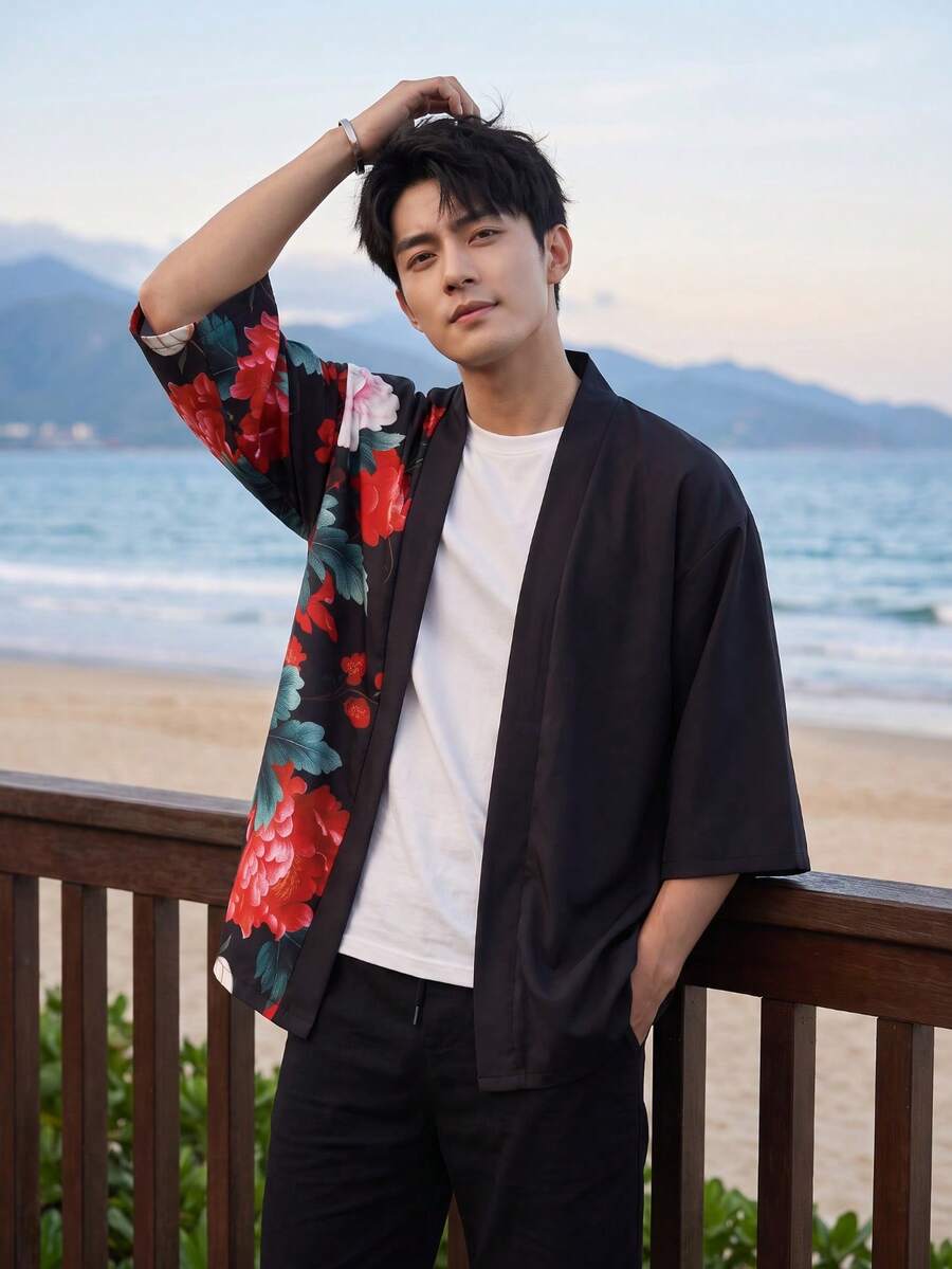 Vintage Peony Print Kimono Cardigan Men's Summer Lightweight Loose Casual Jacket - Black - View 1