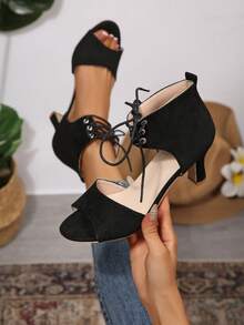 European And American Style Roman Strappy High Heel Shoes For Women, Open Toe Side Hollow Suede Sandals, Versatile Women's Shoes - Black - View 4