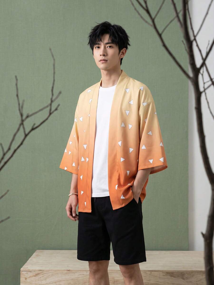 男士和服風防曬開襟衫,幾何印花圖案,可機洗 - 橘色 - 查看 1