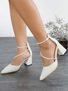 Pointed Toe Chunky High Heels With Rhinestone Strap Decor, Elegant And Sophisticated Style Suitable For Banquet And Party Wear, Fashionable Versatile Hollow Women's Shoes. Black High Heels, Red High Heels. - White - View 4
