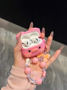 1pc Cute Pink Silicone Heart Bowknot Pig Bluetooth Earphone Protective Case With Lanyard - Pink - View 4