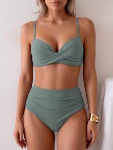 Summer Solid Color Elegant Bohemian Sweet Style Two Pieces Bikini Swimsuit Beach Vacation Set - Grey - View 4