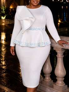 Curvy Women White Elegant Peplum Midi Dress Round Neck Long Sleeve Ruffle Sequin Trim Bodycon Formal Church Party Wedding Guest Fall Outfit - White - View 3