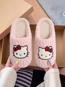 Sandal Musim Dingin Wanita SANRIO KT Cat Putih, Sandal Rumah Berbahan Plush dengan Pita Kartun dan Sol Datar - Berwarna merah muda - View 3