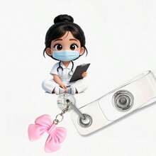 2pcs/Set, 2D Flat Nurse Girl With Pink Bow Pendant ID Badge Holder - Retractable Badge Clip Suitable For Medical Students And Nurse Practitioners - PMMA Material Workplace Identification Badge Clip | Fun Design | Acrylic Nurse Accessories Back To School Team Gift - B - View 9
