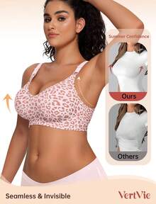 Sujetador sin aros para mujer, sin costuras, con estampado de leopardo rosa, copa completa, suave, con soporte de molde fino, transpirable y con efecto realzador de busto en V profundo. - Multicolor - Ver 5