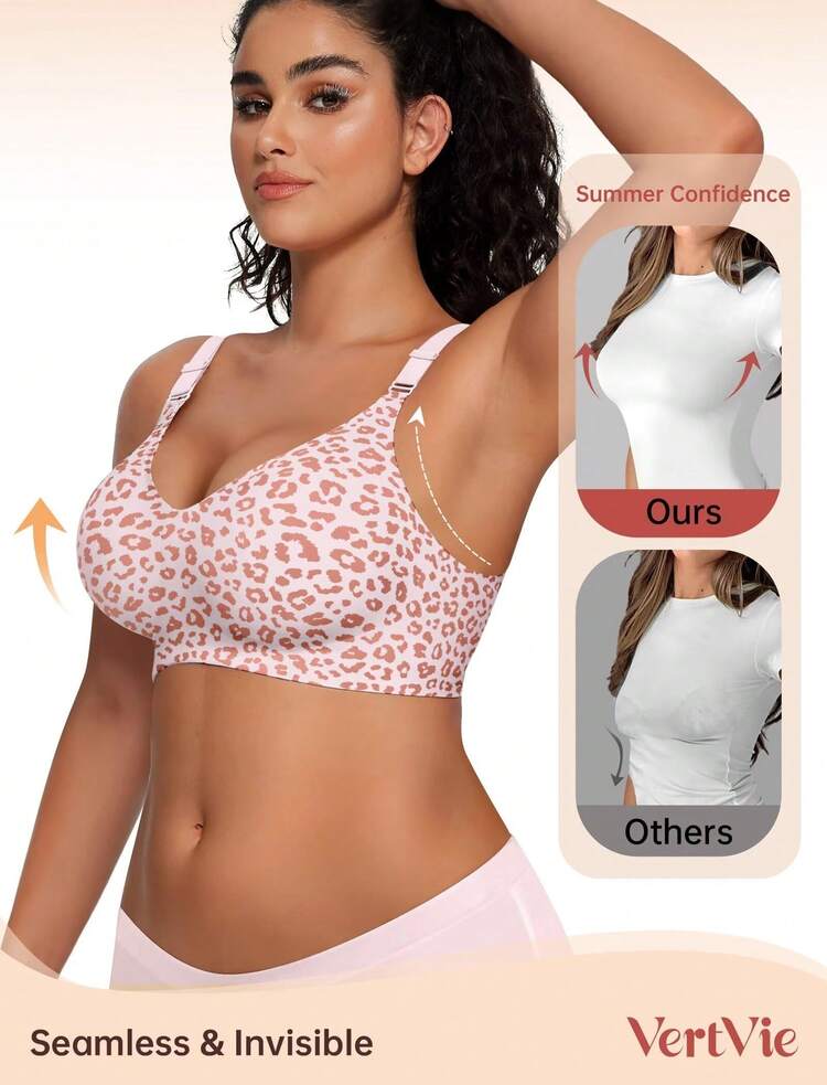 Sujetador sin aros para mujer, sin costuras, con estampado de leopardo rosa, copa completa, suave, con soporte de molde fino, transpirable y con efecto realzador de busto en V profundo. - Multicolor - Añade 5