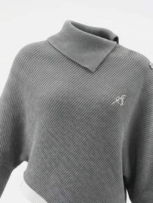 Grey Design Slouchy Asymmetrical Batwing Sleeve High Neck Cape 2 In 1 Sweater Women Autumn/Winter Loose Knit Top - Grey - View 8