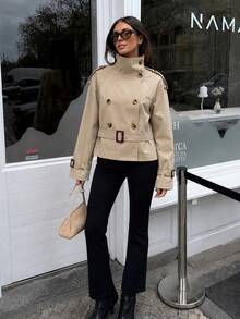 MUMRAP Jaket Wanita Musim Gugur Kerah Tegak Kancing Polos Lengan Panjang Gaya Jalanan dengan Sabuk - Khaki - View 3