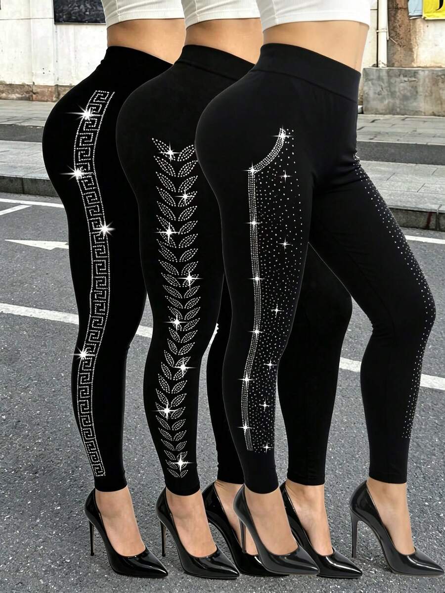 1PC Women's Spring/Summer Casual Fashion Black Leggings With Rhinestone ...