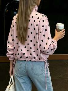 Autumn/Winter New Pink Foundation Black Polka Dot Stand Collar Drawstring Hem Single-Breasted Jacket, Elegant Casual Vacation Commuter Style - Pink - View 5