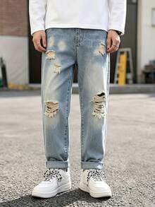 Teen Boys Light Blue Vintage Washed Distressed Ripped Loose Straight Leg Denim Jeans - Light Wash - View 3